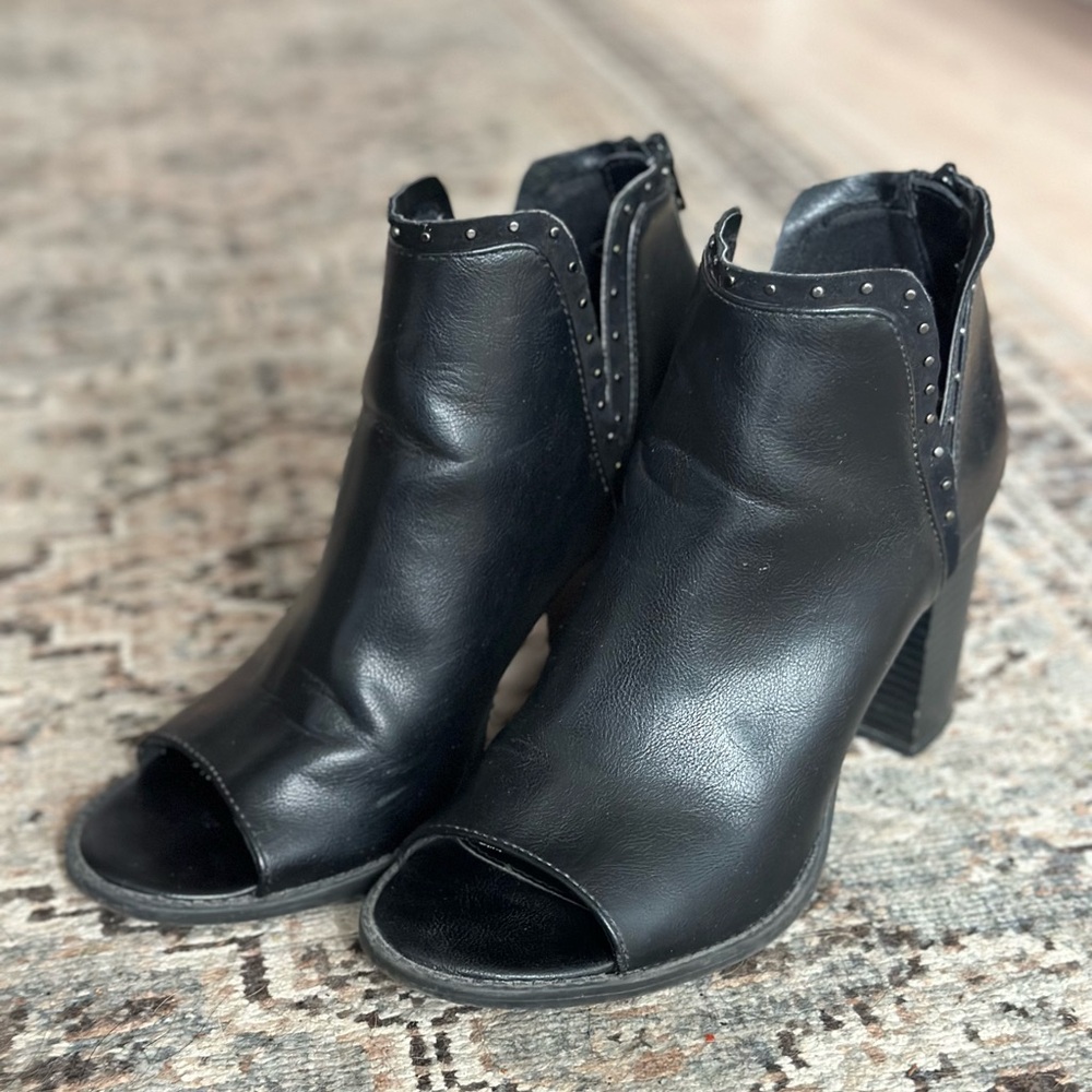 Abound Peep Toe Booties, Black Vegan Leather Heeled Booties Silver Studded, 8M